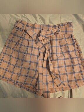 High-Waist Plaid Tie-Belt Shorts — Baby Pink Blue
